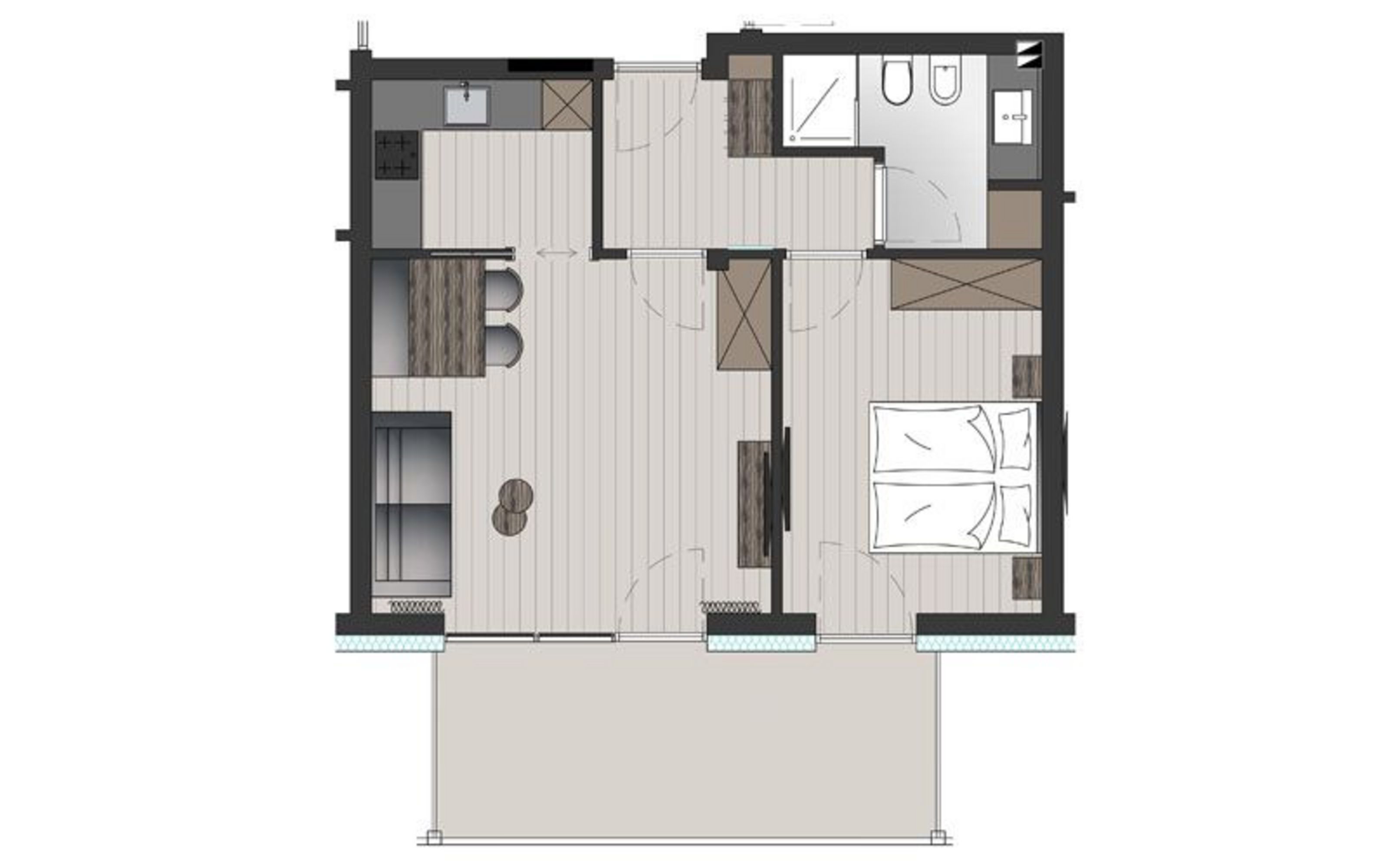 Grundriss einer Wohnung mit einem Wohnbereich inklusive Küchenzeile, einem separaten Schlafzimmer, einem Badezimmer und einer vorgelagerten Terrasse.