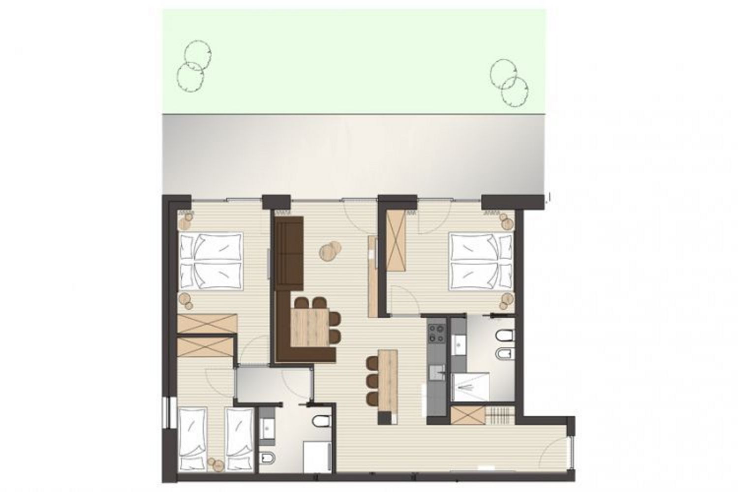 Grundriss einer Ferienwohnung mit Schlafzimmern, Badezimmern und einem offenen Wohn-Essbereich mit Terrasse.
