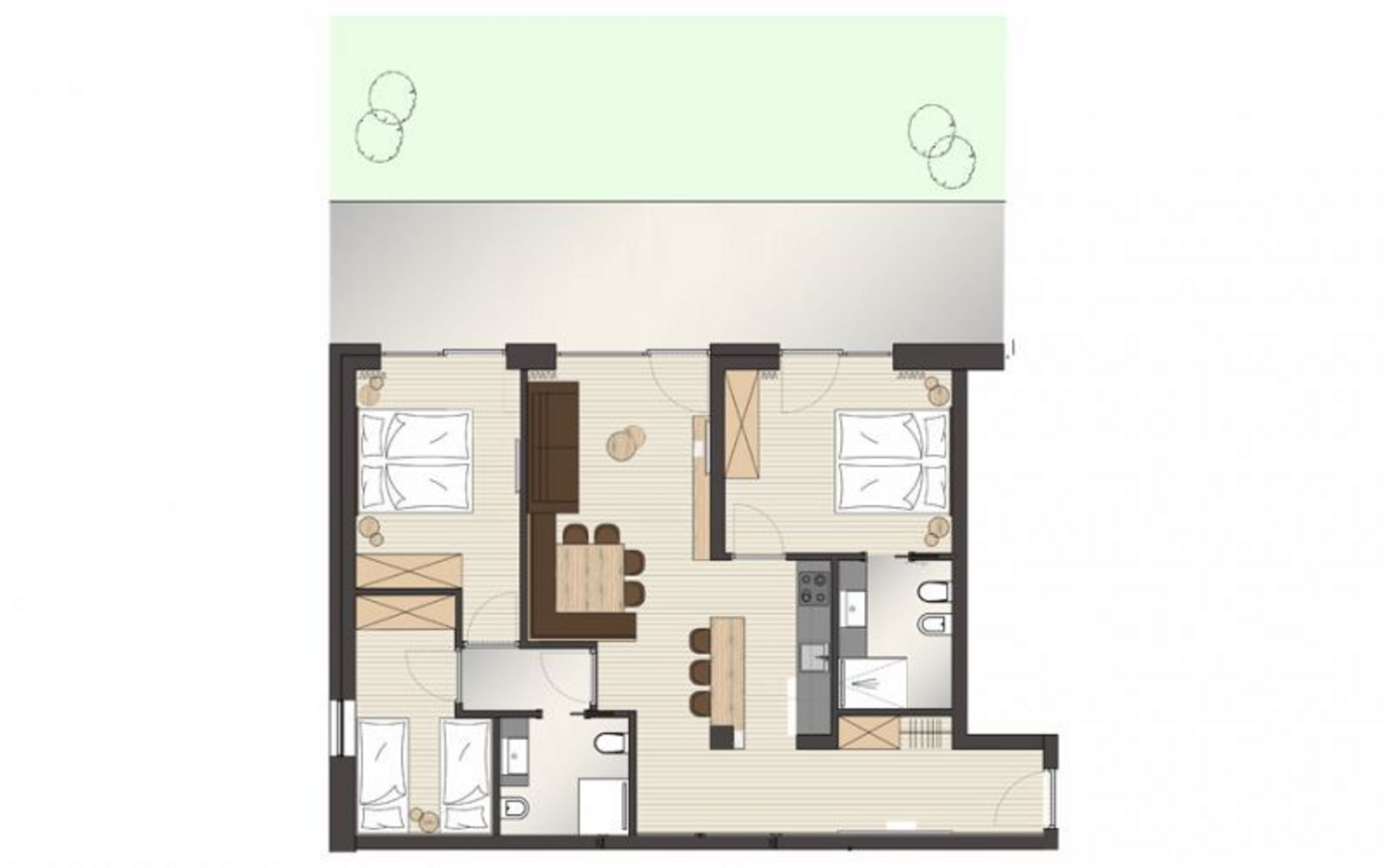 Grundriss einer Ferienwohnung mit Schlafzimmern, Badezimmern und einem offenen Wohn-Essbereich mit Terrasse.