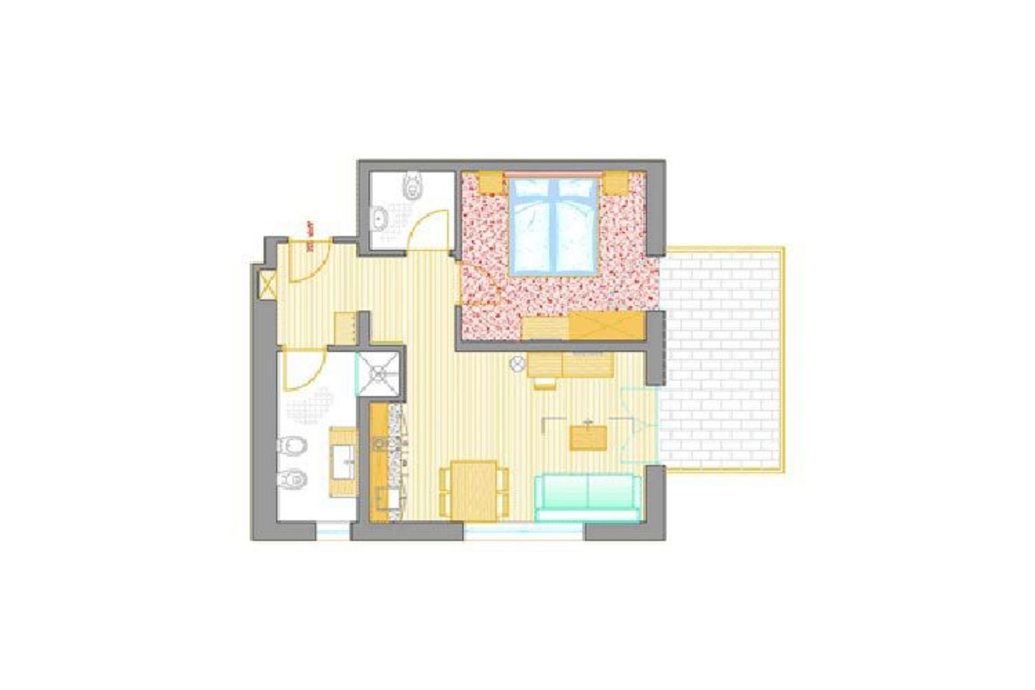 Ein zweidimensionaler Grundriss einer kleinen Wohnung mit einem Schlafzimmer, kombiniertem Wohn- und Essbereich, einer Kochnische, einem Badezimmer und einem angrenzenden Balkon.