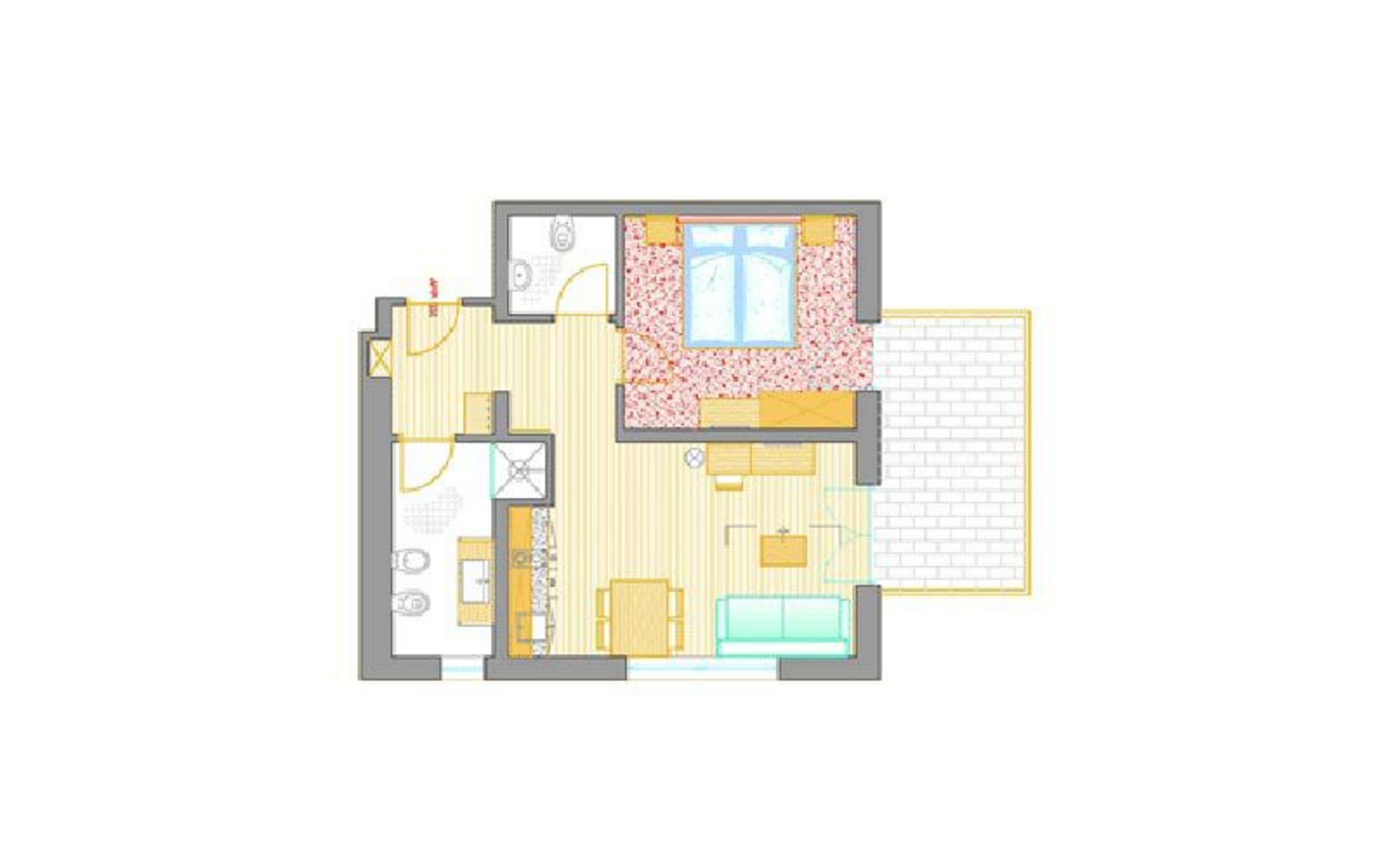 Ein zweidimensionaler Grundriss einer kleinen Wohnung mit einem Schlafzimmer, kombiniertem Wohn- und Essbereich, einer Kochnische, einem Badezimmer und einem angrenzenden Balkon.