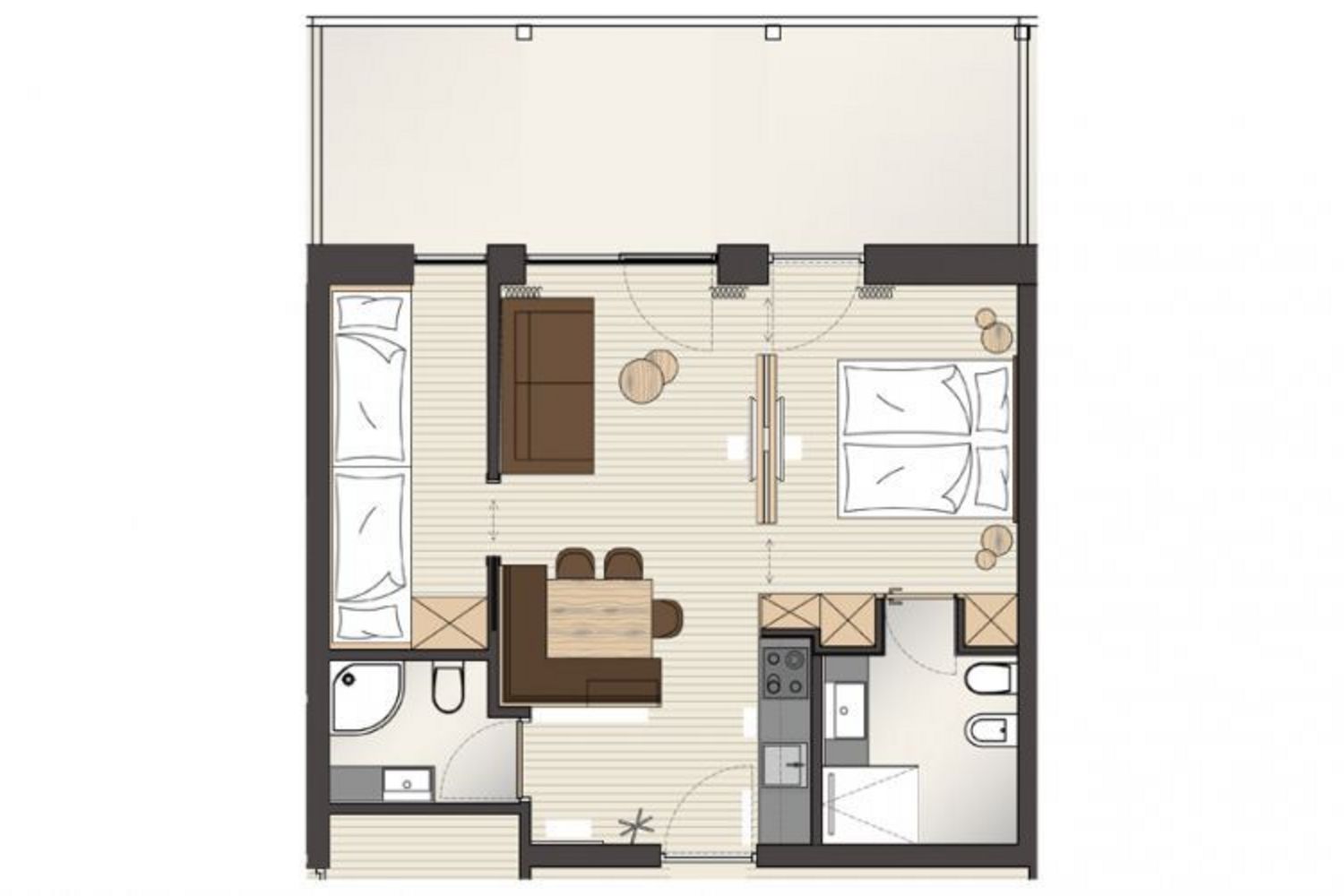 Ein architektonischer Grundriss einer kleinen Wohneinheit mit Schlafbereich, Wohnzimmer, kleiner Küchenzeile und zwei Badezimmern.