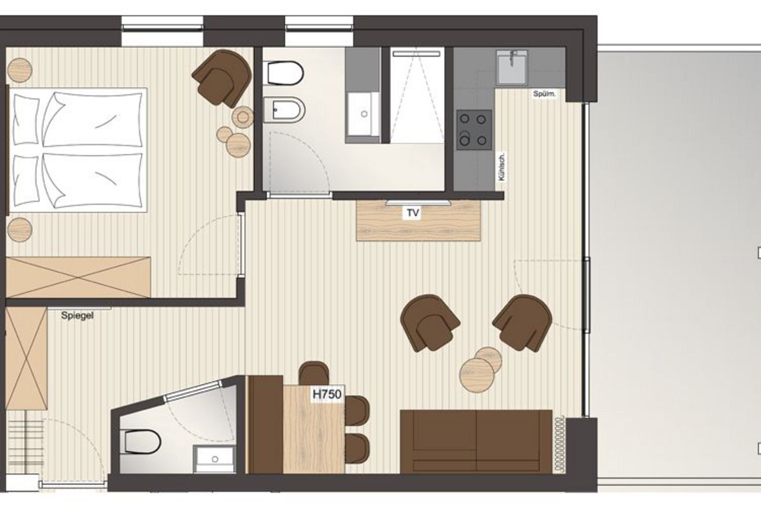 Grundriss einer Ferienwohnung mit Schlafbereich, Badezimmer, Kochnische und Wohnbereich.