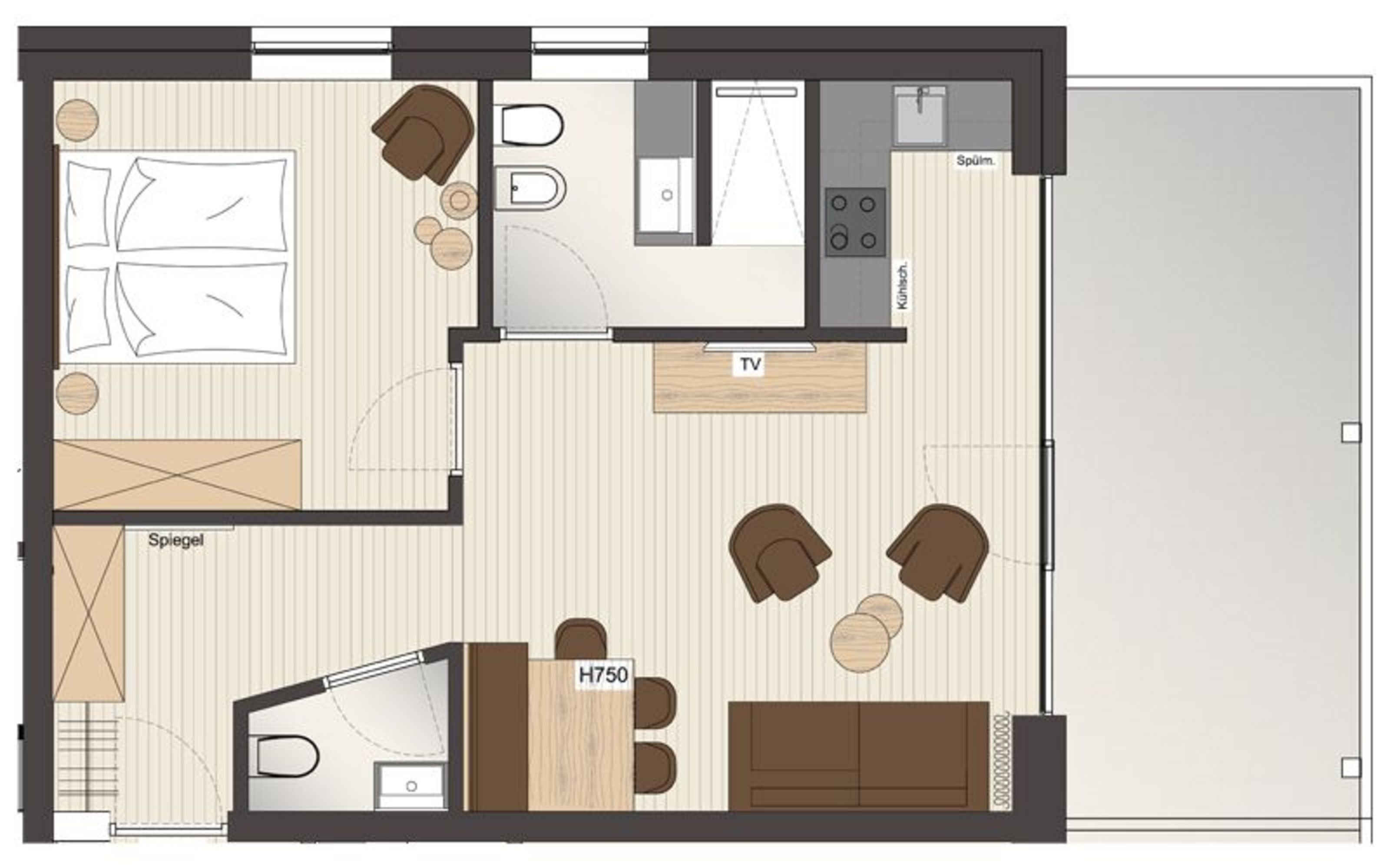 Grundriss einer Ferienwohnung mit Schlafbereich, Badezimmer, Kochnische und Wohnbereich.