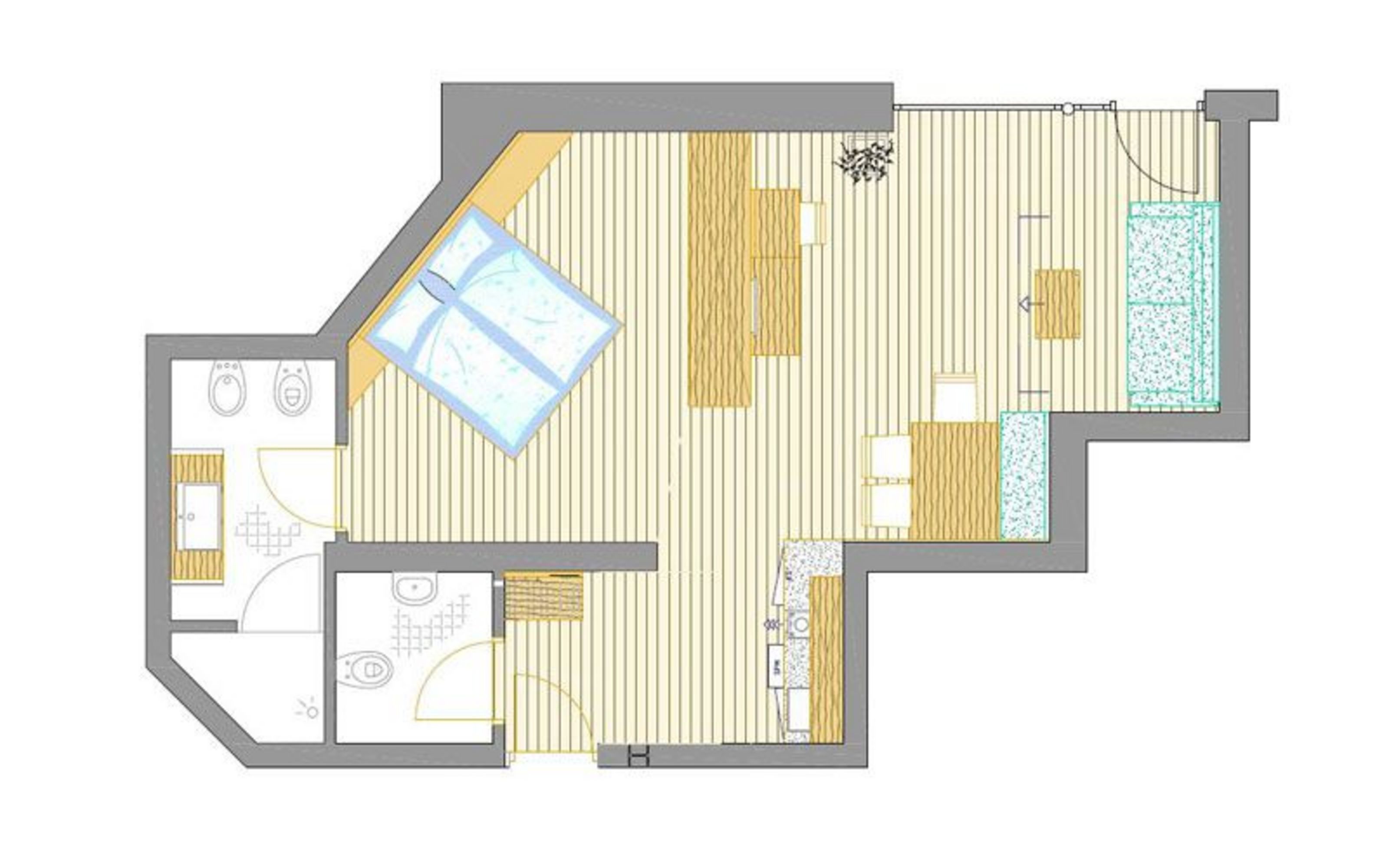 Ein zweidimensionaler Grundriss einer Wohneinheit mit Schlafbereich, Wohnbereich, Kochnische und zwei Badezimmern.
