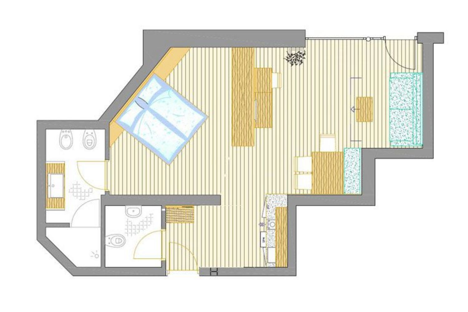 Ein zweidimensionaler Grundriss einer Wohneinheit mit Schlafbereich, Wohnbereich, Kochnische und zwei Badezimmern.