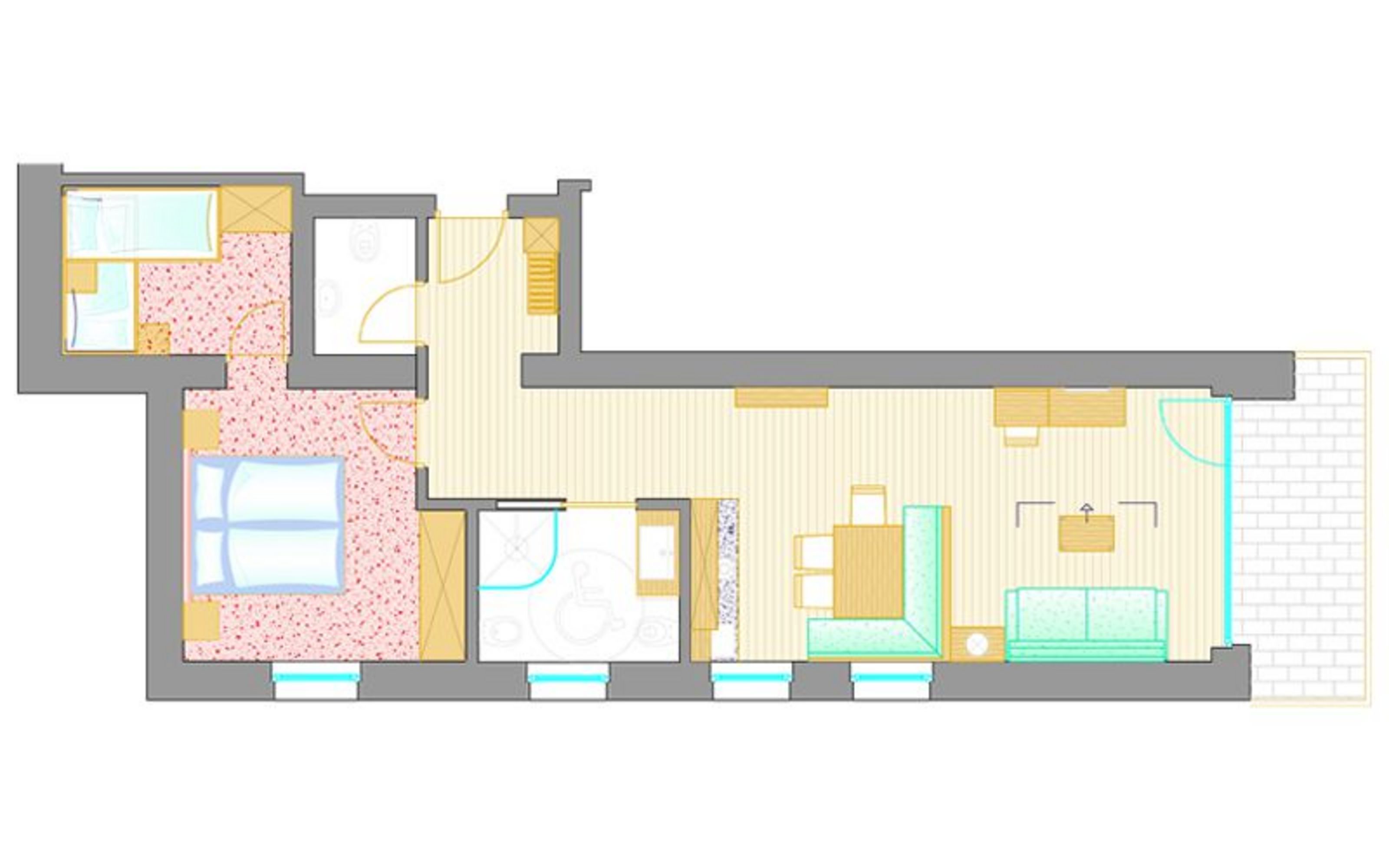 Ein detaillierter Architektur-Grundriss einer Ferienwohnung mit Schlafzimmer, barrierefreiem Badezimmer, Wohnküche und Balkon.
