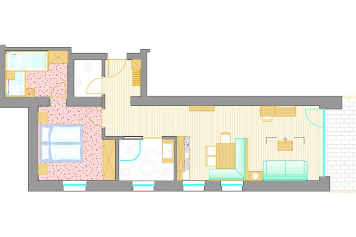 Ein detaillierter Architektur-Grundriss einer Ferienwohnung mit Schlafzimmer, barrierefreiem Badezimmer, Wohnküche und Balkon.