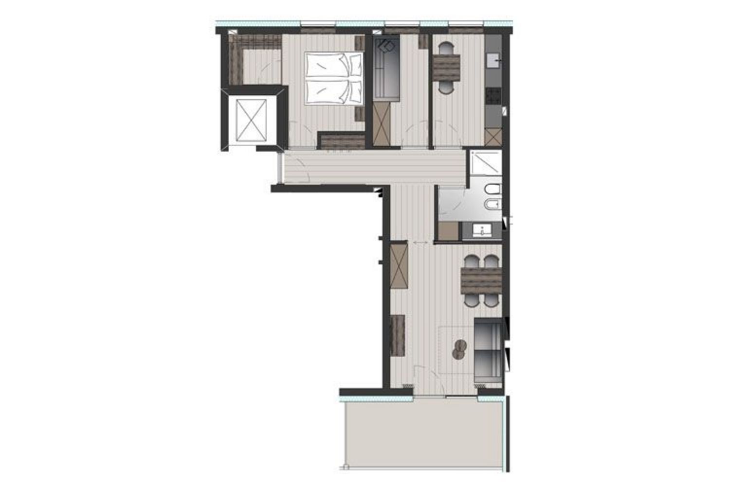 Ein zweidimensionaler architektonischer Grundriss einer L-förmigen Wohnung mit Schlafzimmer, Wohnbereich, Küche und Bad.