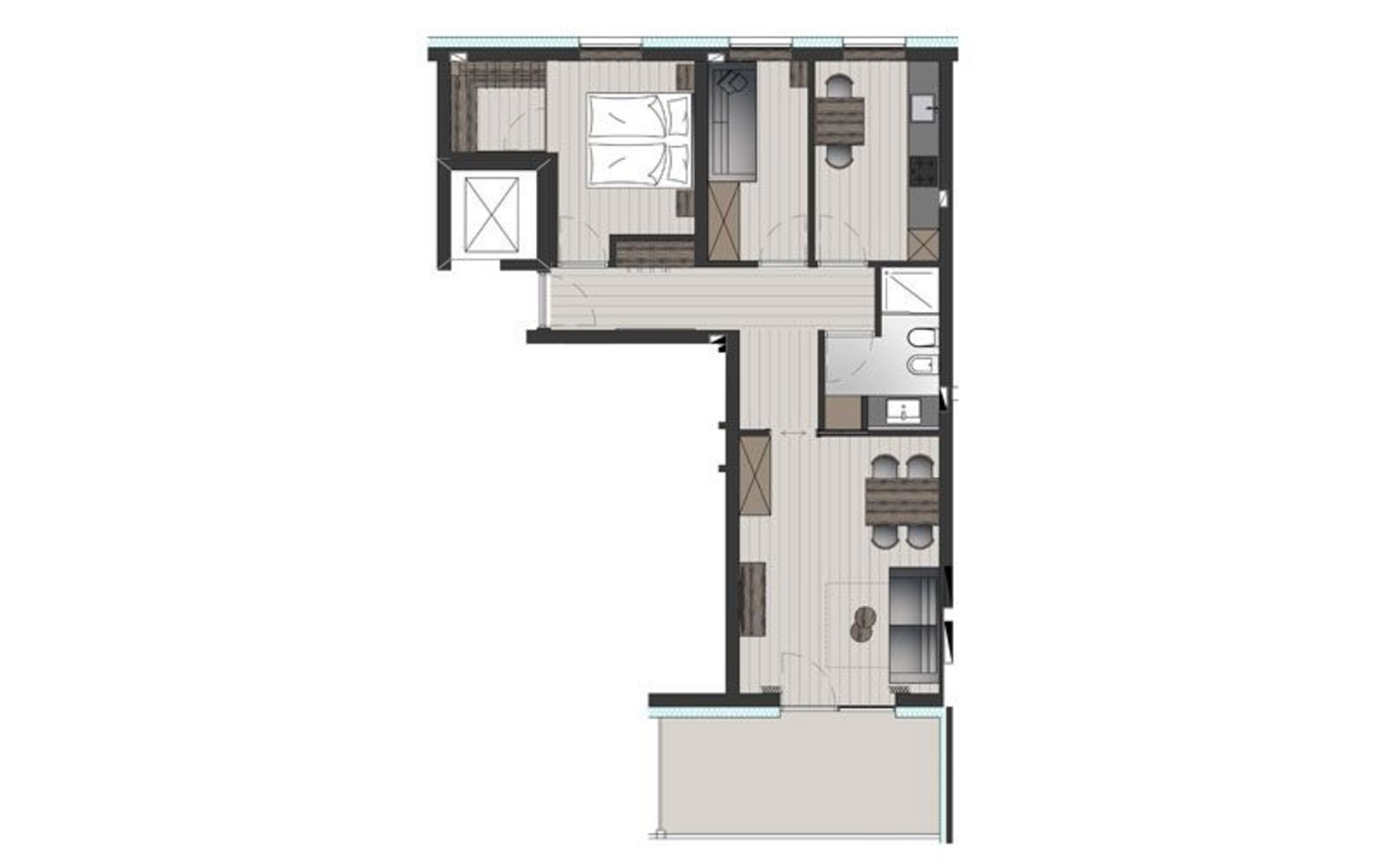 Ein zweidimensionaler architektonischer Grundriss einer L-förmigen Wohnung mit Schlafzimmer, Wohnbereich, Küche und Bad.