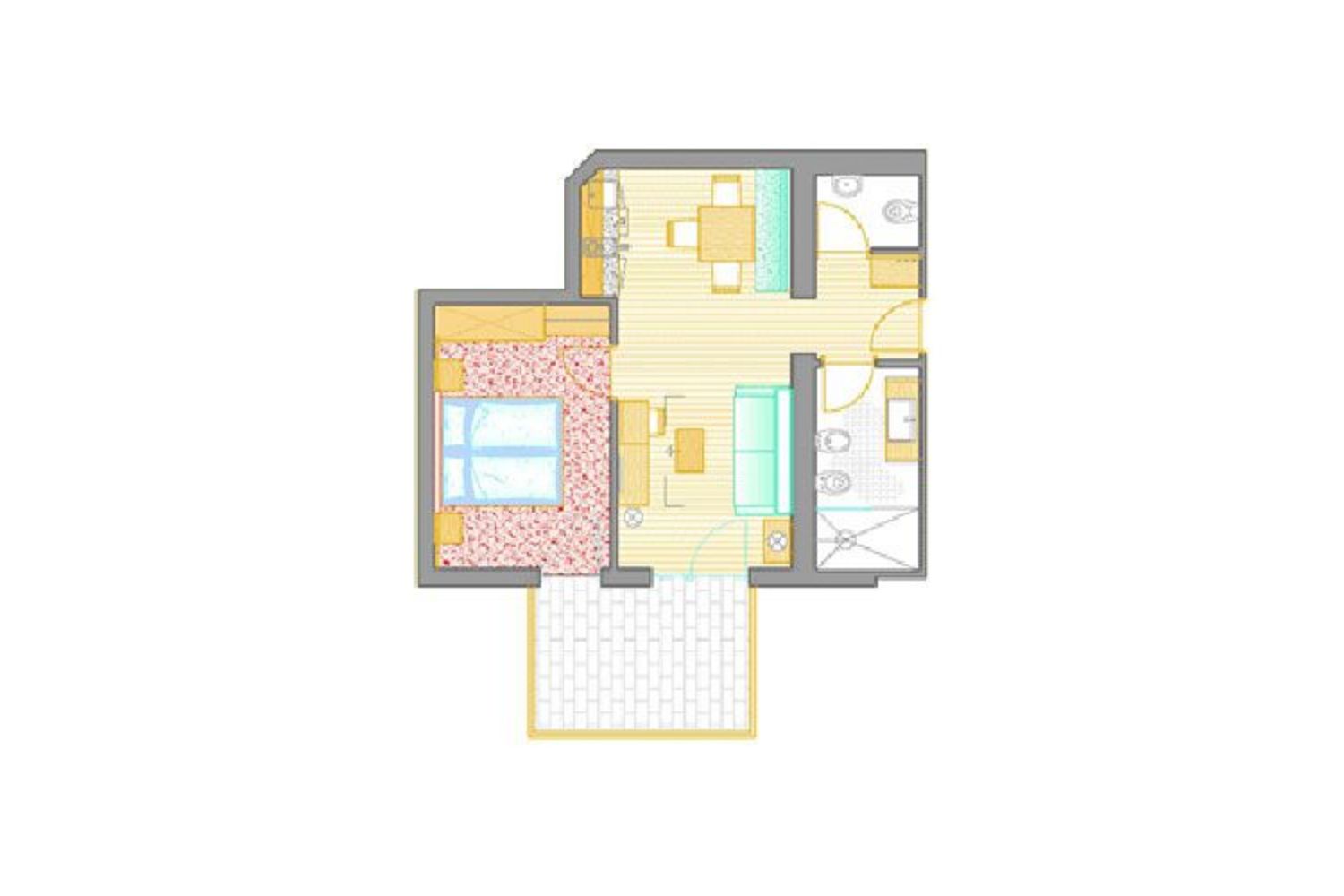 Ein zweidimensionaler Architektur-Grundriss einer Wohneinheit mit Schlafbereich, Wohnbereich, Kochnische, einem Badezimmer und einem Balkon.