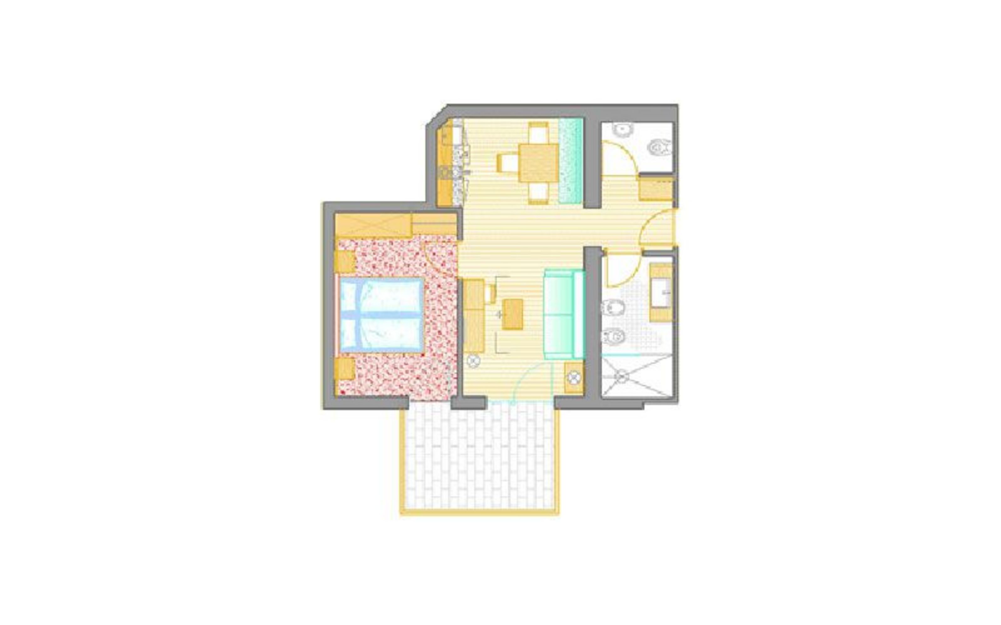 Ein zweidimensionaler Architektur-Grundriss einer Wohneinheit mit Schlafbereich, Wohnbereich, Kochnische, einem Badezimmer und einem Balkon.