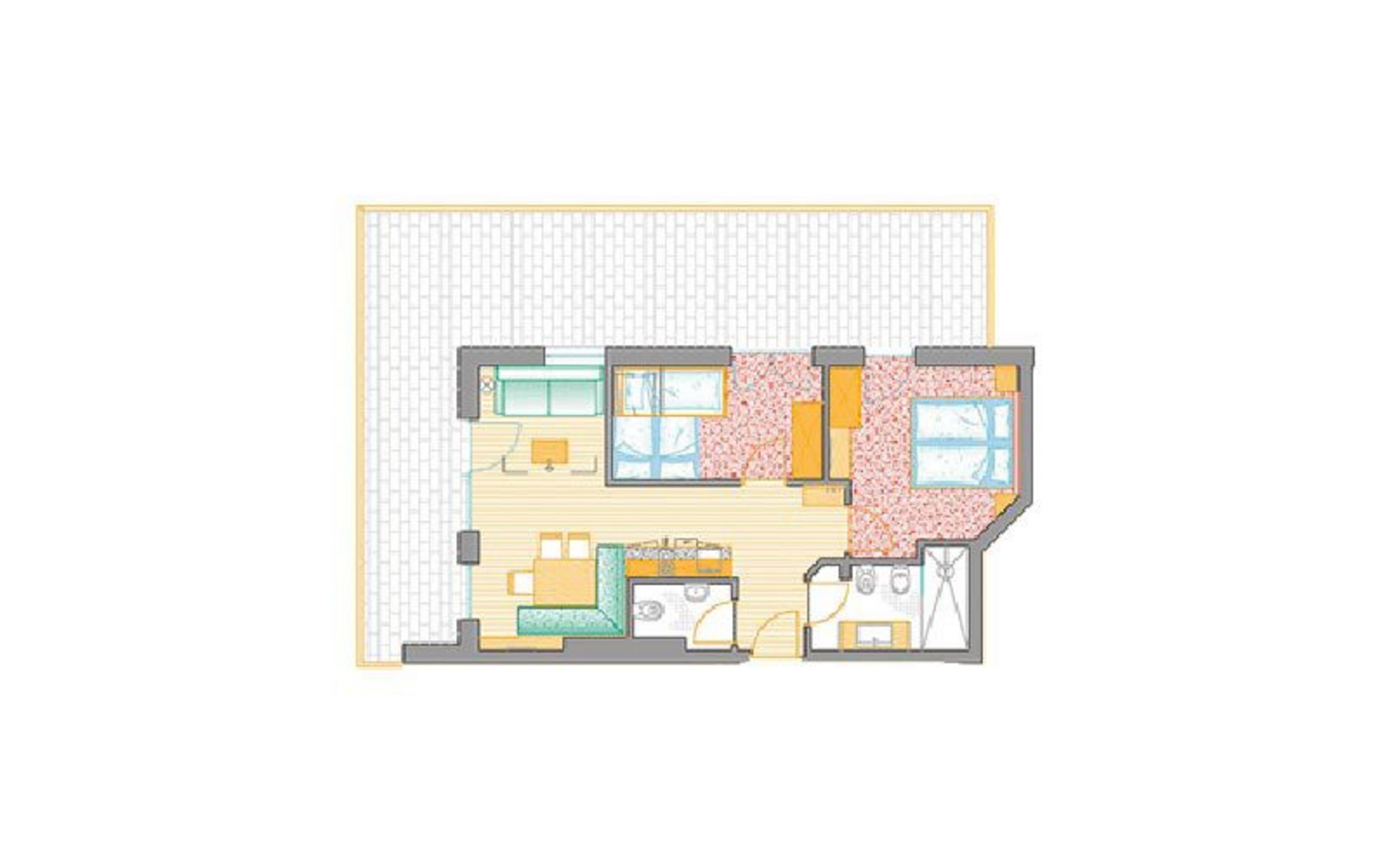 Ein zweidimensionaler Grundriss einer Ferienwohnung mit Schlafzimmer, Wohnbereich, Küche und Bad sowie eine großzügige Außenterrasse.