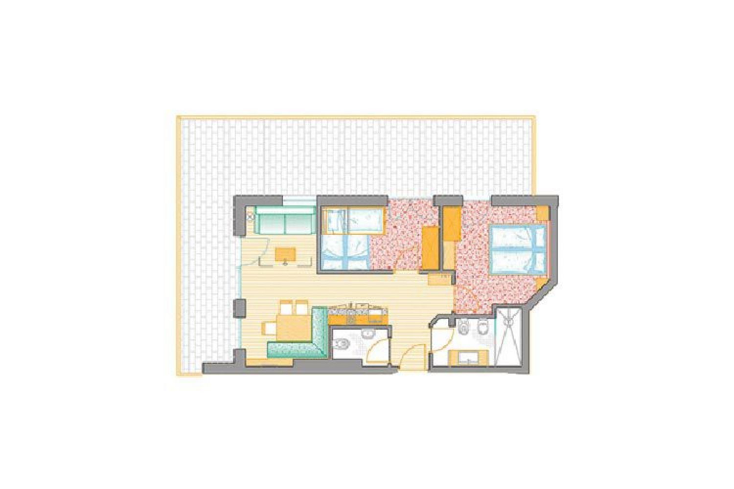 Ein zweidimensionaler Grundriss einer Ferienwohnung mit Schlafzimmer, Wohnbereich, Küche und Bad sowie eine großzügige Außenterrasse.