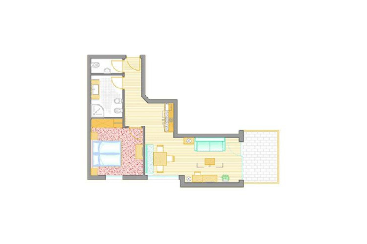 Ein zweidimensionaler Grundriss einer Zwei-Zimmer-Wohnung mit einem Bad, einem Schlafzimmer, kombiniertem Wohn- und Essbereich sowie einem Balkon.