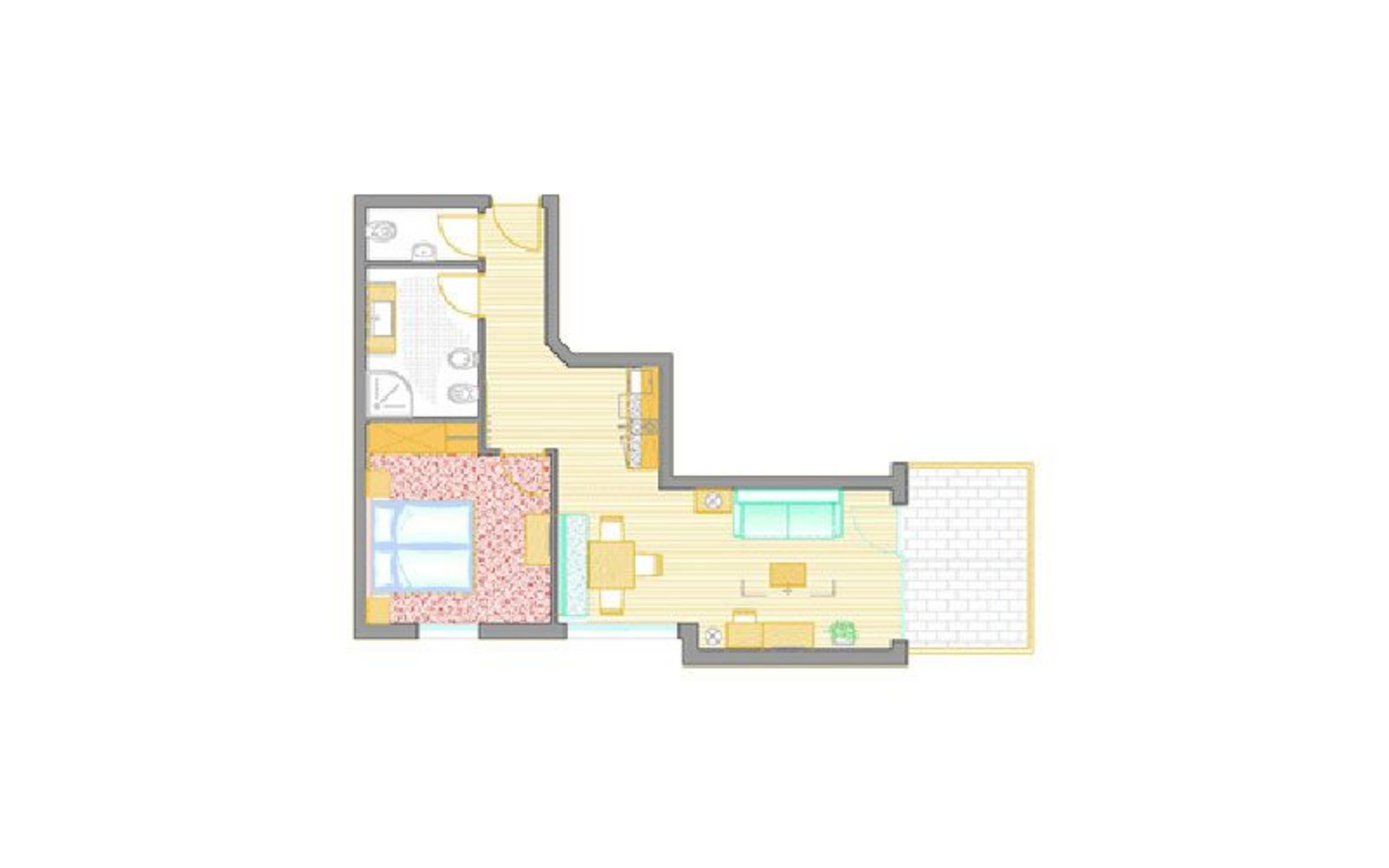 Ein zweidimensionaler Grundriss einer Zwei-Zimmer-Wohnung mit einem Bad, einem Schlafzimmer, kombiniertem Wohn- und Essbereich sowie einem Balkon.