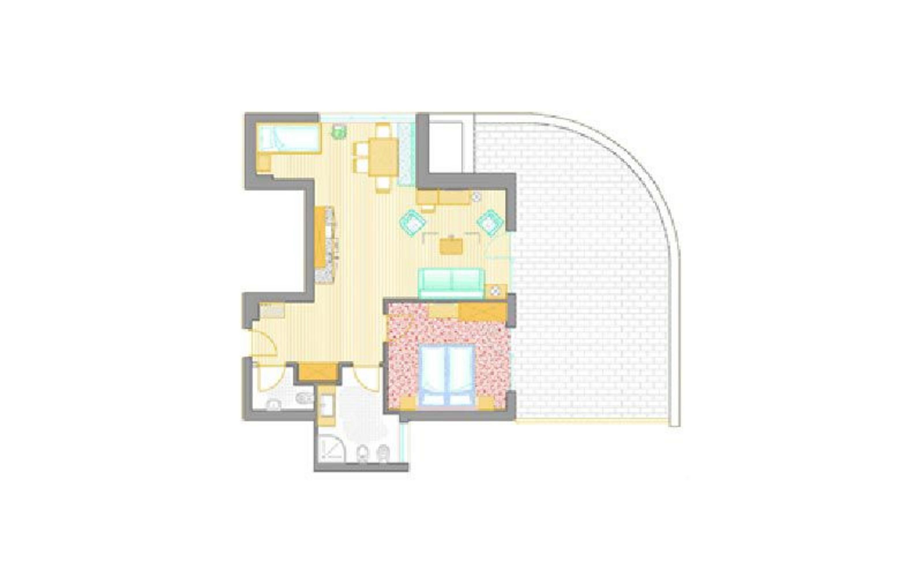 Grundriss einer Wohnung mit einem offenen Wohn-Essbereich, einem Schlafzimmer, zwei Badezimmern und einer großen, abgerundeten Terrasse.