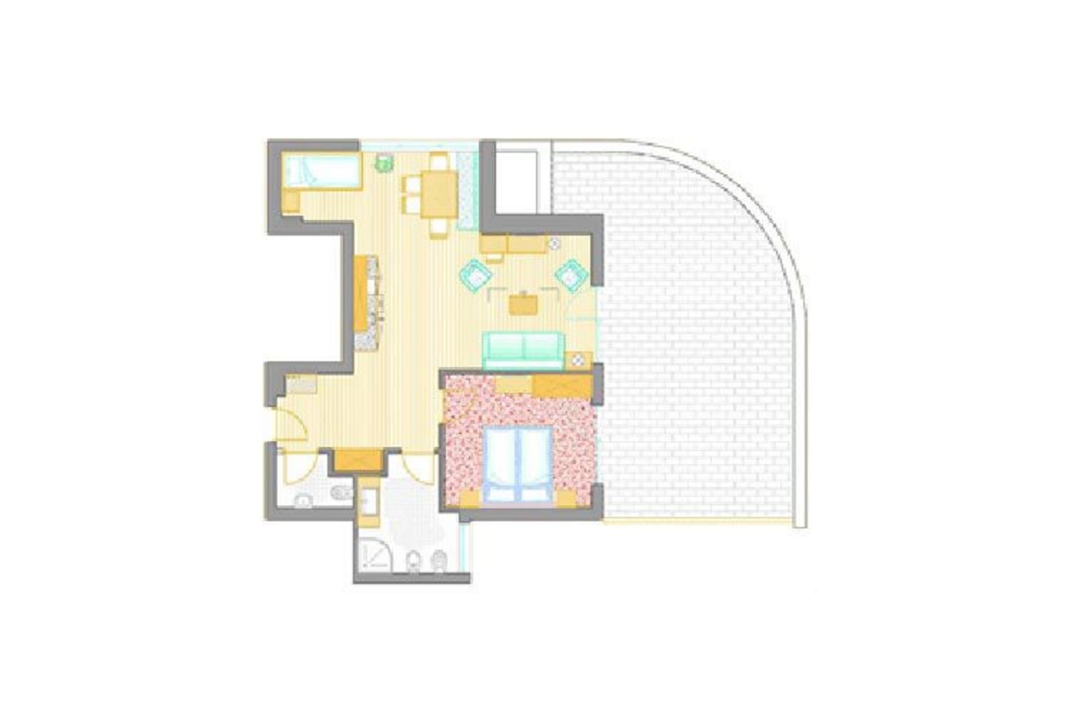 Grundriss einer Wohnung mit einem offenen Wohn-Essbereich, einem Schlafzimmer, zwei Badezimmern und einer großen, abgerundeten Terrasse.