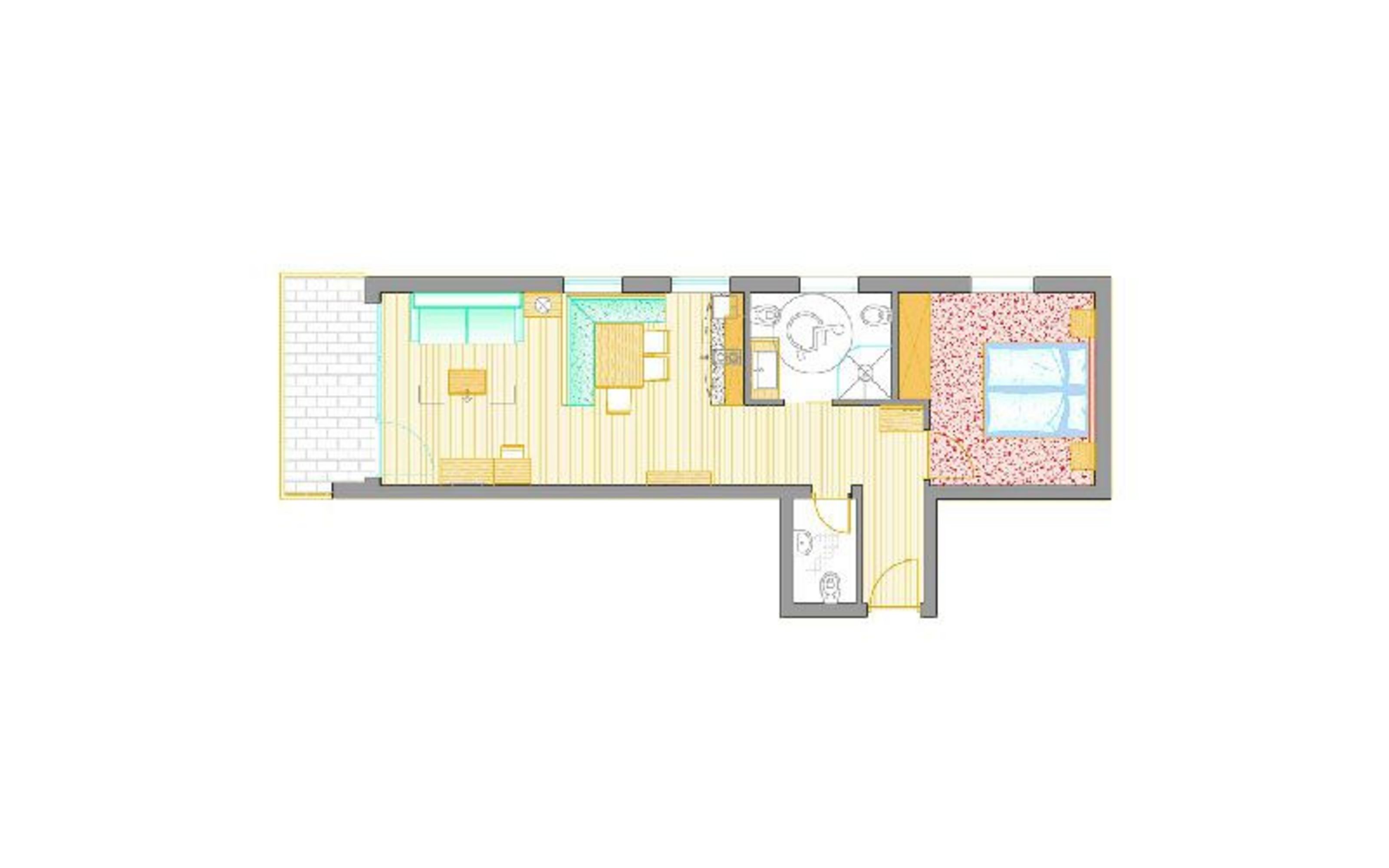 Ein zweidimensionaler Grundriss einer Ferienwohnung mit Balkon, Wohnbereich mit Küche, einem barrierefreien Badezimmer und einem Schlafzimmer mit Doppelbett.
