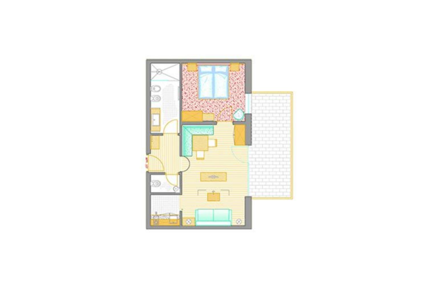 Grundriss einer Ferienwohnung bestehend aus einem Wohnraum mit Couch, Küche, einem Schlafzimmer mit Doppelbett, einem Bad und einer Terrasse.
