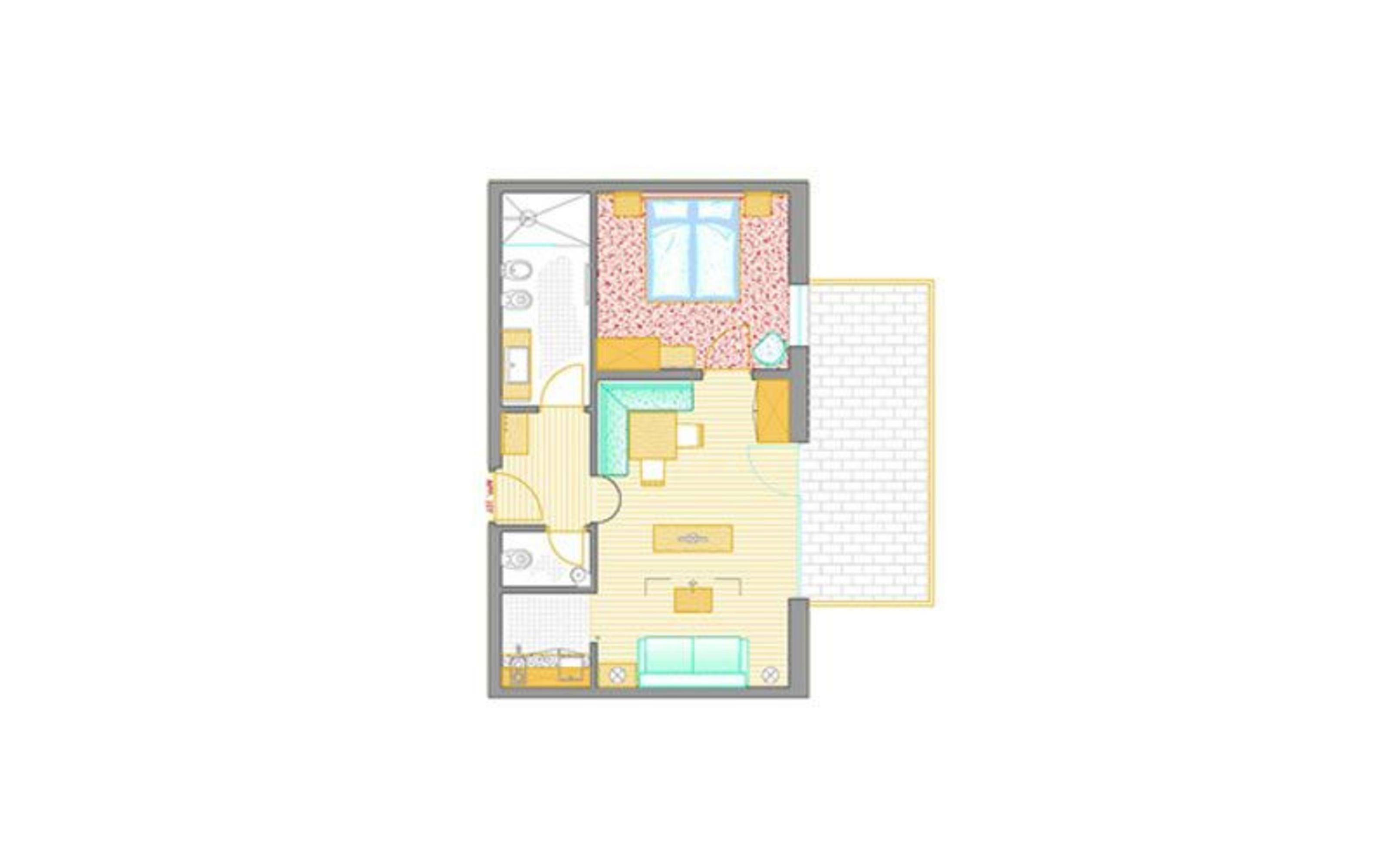 Grundriss einer Ferienwohnung bestehend aus einem Wohnraum mit Couch, Küche, einem Schlafzimmer mit Doppelbett, einem Bad und einer Terrasse.