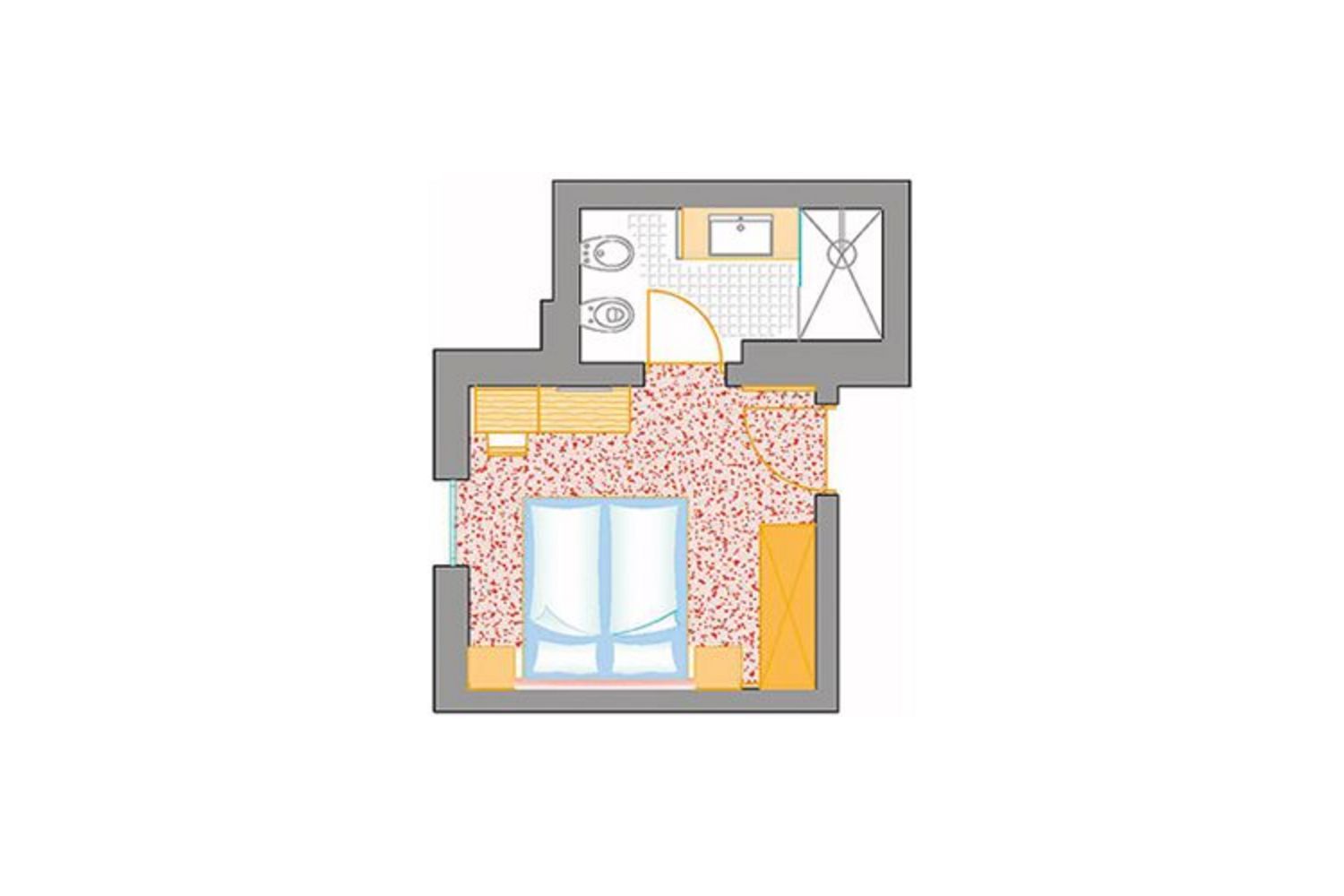 Grundriss eines Hotelzimmers mit Doppelbett, kleinem Schreibtisch, Schrank und einem angrenzenden Badezimmer mit Dusche und WC.
