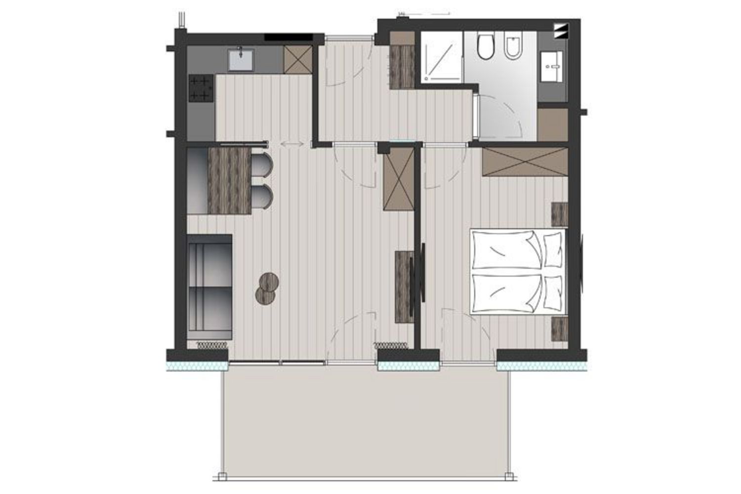Ein zweidimensionaler Architekturplan, der das Layout einer kleinen Wohnung zeigt, inklusive Wohnküche mit Terrasse, separatem Schlafzimmer und einem Badezimmer.