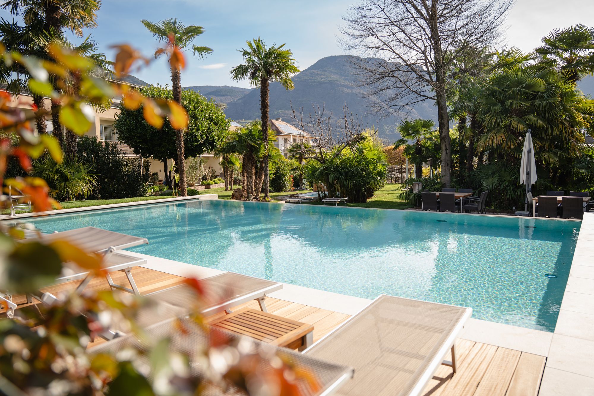 Una piscina all'aperto con acqua turchese, circondata da una terrazza con sedie a sdraio, palme e alberi davanti a uno scenario montano.