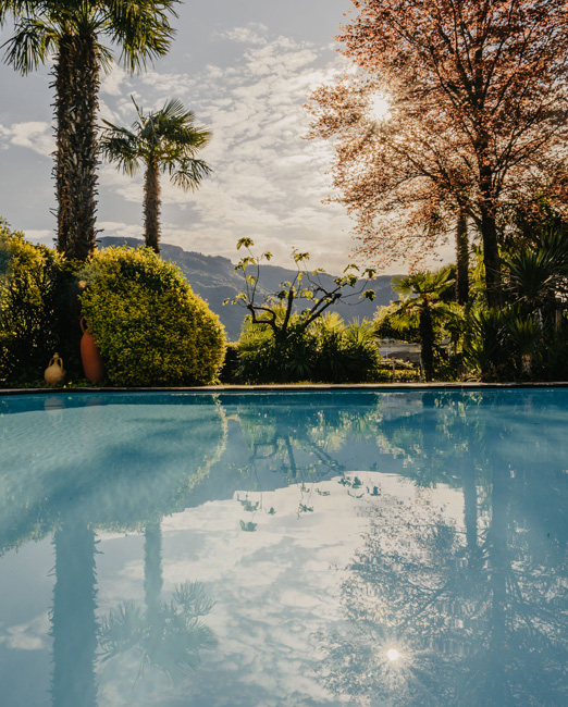 Una piscina al sole, circondata da palme e vegetazione rigogliosa con una montagna sullo sfondo.